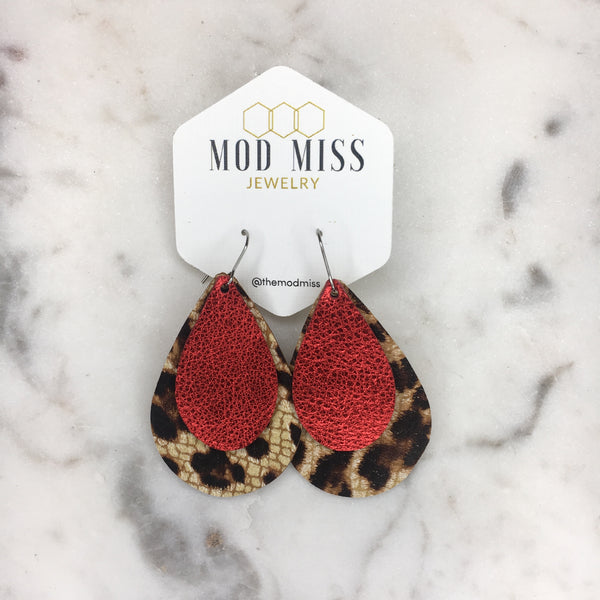 Leather Stacked Teardrop Earring "Leopard Crackle+Metallic Red"