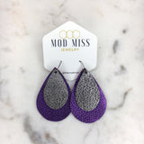 Leather Stacked Teardrop Earring "Metallic Purple + Metallic Gunmetal"