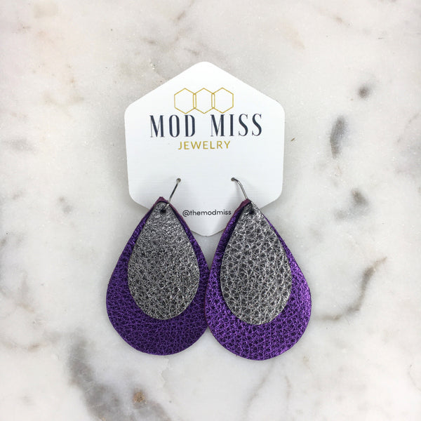 Leather Stacked Teardrop Earring "Metallic Purple + Metallic Gunmetal"