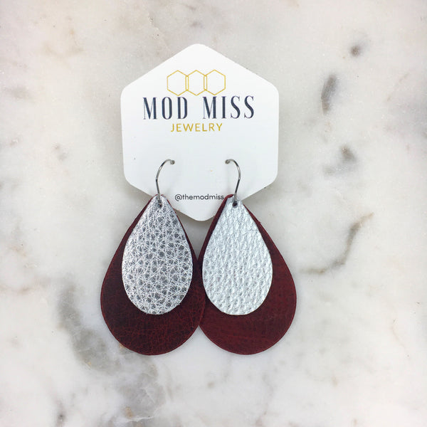 Leather Stacked Teardrop Earring "Merlot + Metallic Silver"