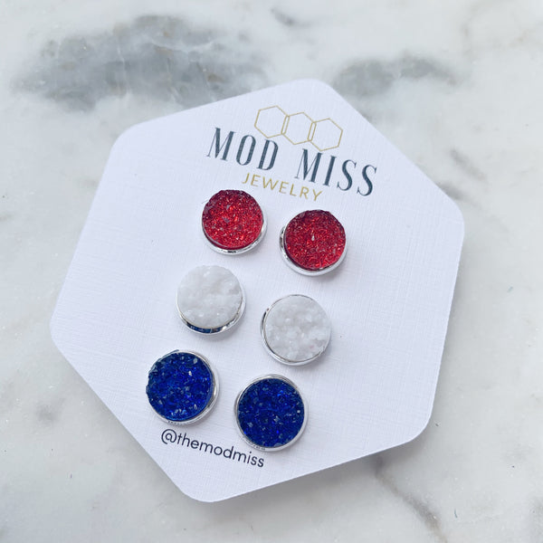 Druzy Stud Earring Set of 3 "Red, White & Royal Blue in Silver Setting"