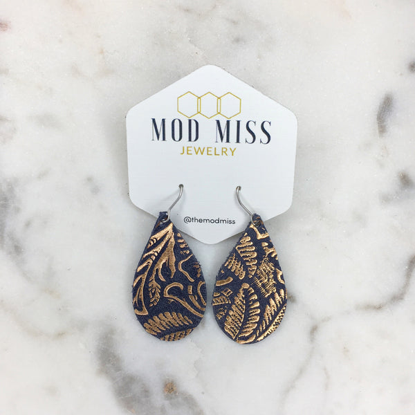 Leather Teardrop Earring "Rose Gold on Navy"
