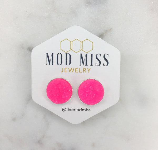 Neon Pink Druzy Earring in Silver Setting