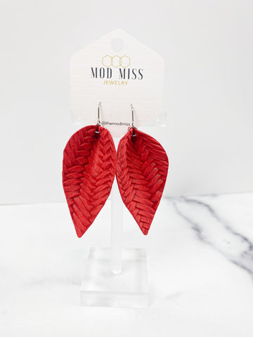 Leather Petal Earring "Weaved Red"