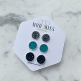 Druzy Stud Earring Set of 3 "Gunmetal, Teal & Black in Silver Setting"