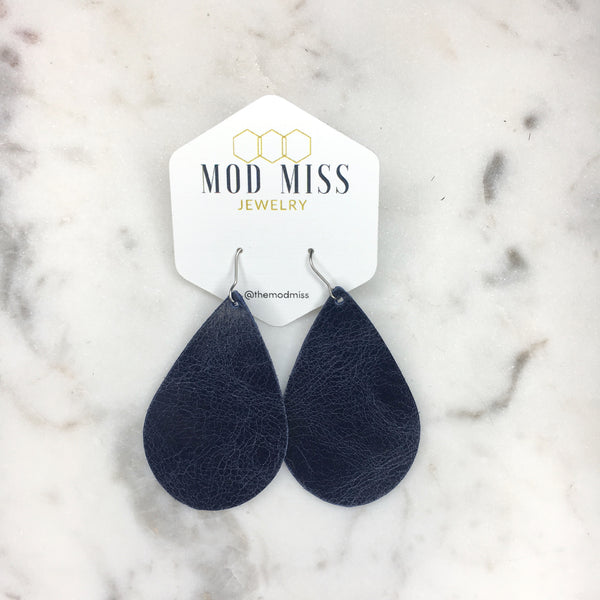 Leather Teardrop Earring "Worn Navy"