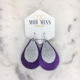 Leather Stacked Teardrop Earring "Metallic Purple + Metallic Silver"