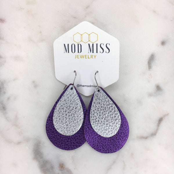 Leather Stacked Teardrop Earring "Metallic Purple + Metallic Silver"