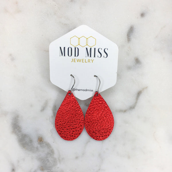 Leather Teardrop Earring "Metallic Red"