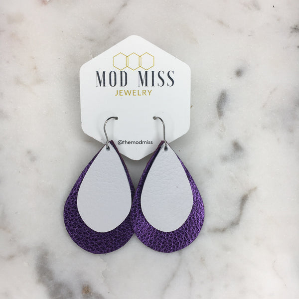 Leather Stacked Teardrop Earring "Metallic Purple + White"