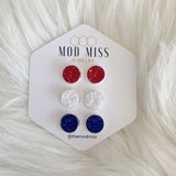 Druzy Stud Earring Set of 3 "Red, White & Royal Blue in Silver Setting"