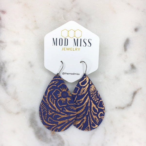 Leather Teardrop Earring "Rose Gold on Navy"