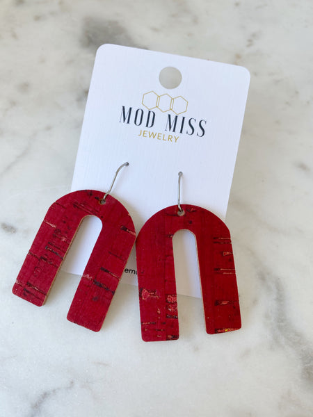 Cork+Leather Arch Earring "Red "