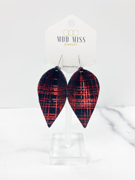 Leather Petal Earring "Buffalo Plaid Red Shiny"