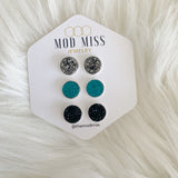 Druzy Stud Earring Set of 3 "Gunmetal, Teal & Black in Silver Setting"