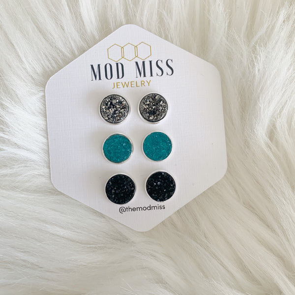 Druzy Stud Earring Set of 3 "Gunmetal, Teal & Black in Silver Setting"