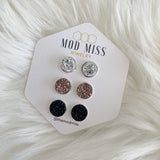Druzy Stud Earring Set of 3 "Silver, Rose Gold & Black in Silver Setting"