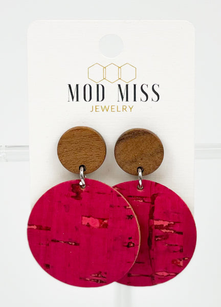 Cork+Leather Round Earring "Hot Pink"