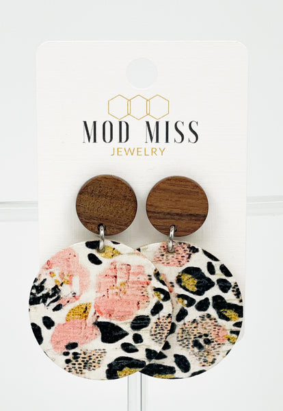 Cork+Leather Round Earring "Leopard Pansy"