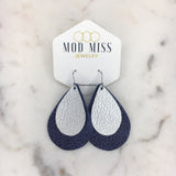 Leather Stacked Teardrop Earring "Metallic Navy + Metallic Silver"