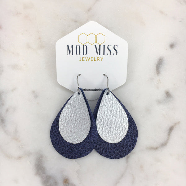 Leather Stacked Teardrop Earring "Metallic Navy + Metallic Silver"