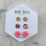 Druzy Stud Earring Set of 3 "Gold 8mm, Fuchsia Pink Mermaid & Hot Pink Rose"