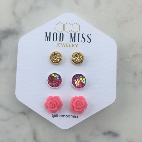 Druzy Stud Earring Set of 3 "Gold 8mm, Fuchsia Pink Mermaid & Hot Pink Rose"