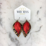 Leather Stacked Petal Earring "LeopardCrackle on MetallicRed"
