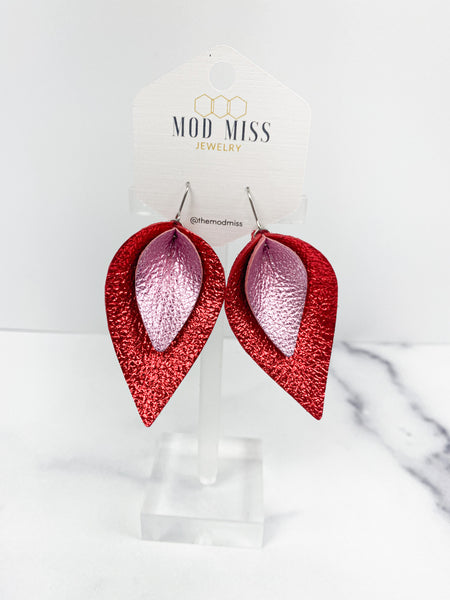 Leather Stacked Petal Earring "Metallic Light Pink + Metallic Red"