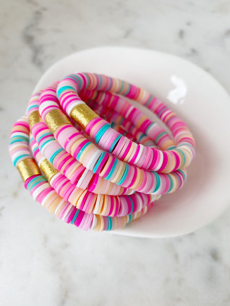 Heishi Color Pop Bracelet "Peachy Pink Multi Gold Barrel"