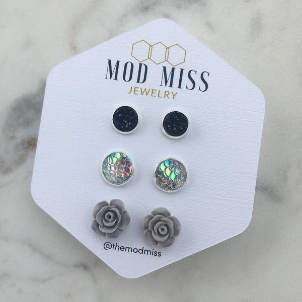 Druzy Stud Earring Set of 3 "Black, Clear mermaid & Gray Rose"