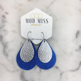 Leather Stacked Teardrop Earring "Metallic Royal Blue + Metallic Silver"