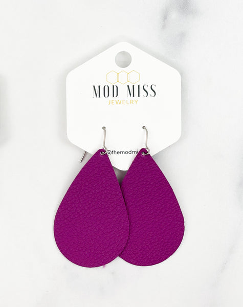 Leather Teardrop Earring "Magenta"