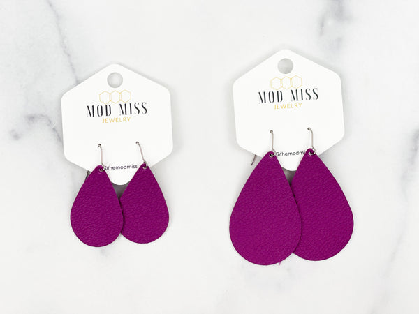 Leather Teardrop Earring "Magenta"