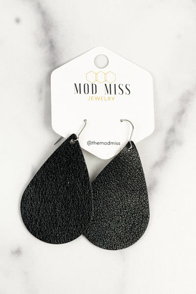 Leather Teardrop Earring "Metallic Black"