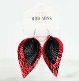 Leather Stacked Petal Earring "Metallic Black on Metallic Red"