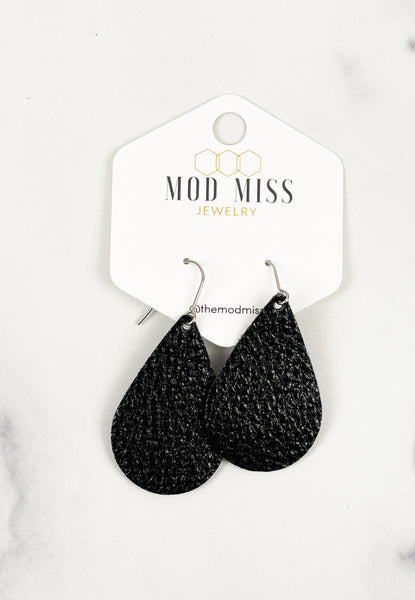 Leather Teardrop Earring "Metallic Black"