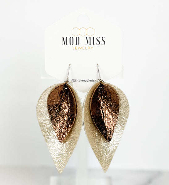 Leather Stacked Petal Earring "Metallic Pearl + Metallic Brown"