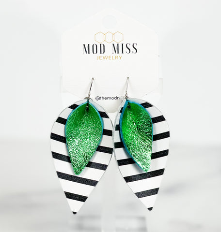 Leather Stacked Petal Earring "Metallic Green + Black & White Stripes (Wide Stripes)"