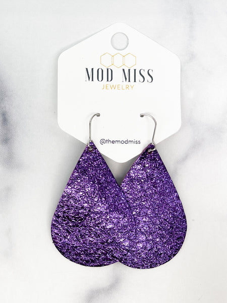 Leather Teardrop Earring "Metallic Purple"