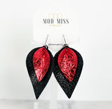 Leather Stacked Petal Earring "Metallic Black on Metallic Red"