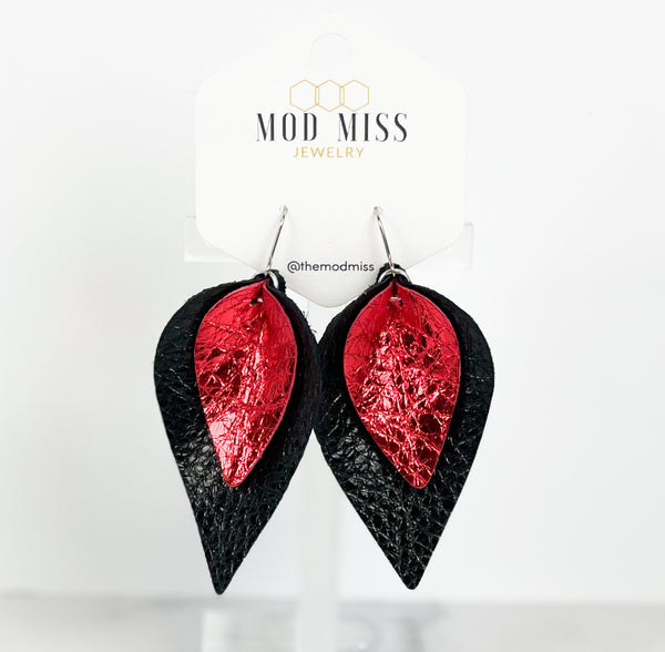 Leather Stacked Petal Earring "Metallic Black on Metallic Red"