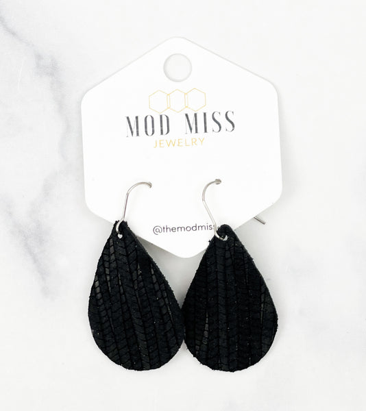 Leather Teardrop Earring "Palm Black"