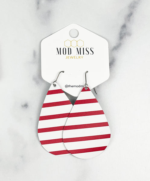 Leather Teardrop Earring "Stripes Red & White (Thick Stripes)"