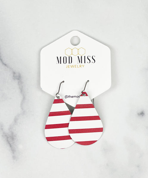 Leather Teardrop Earring "Stripes Red & White (Thick Stripes)"