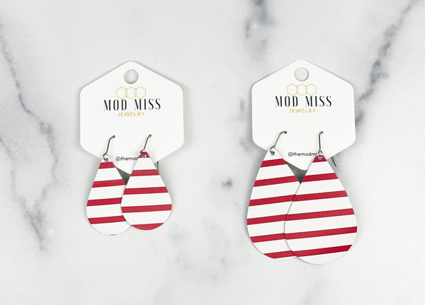 Leather Teardrop Earring "Stripes Red & White (Thick Stripes)"