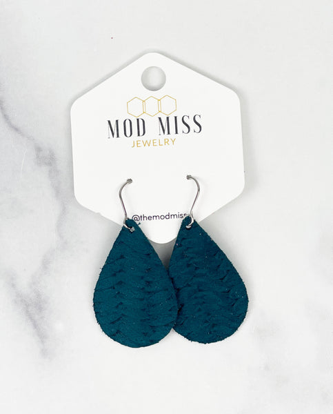 Leather Teardrop Earring "Weaved Dark Teal Weaved"