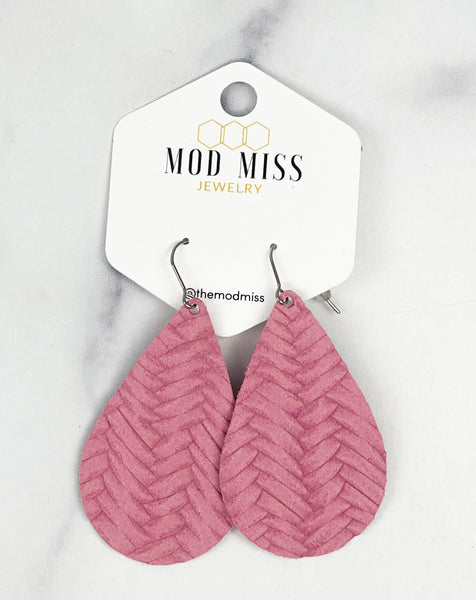 Leather Teardrop Earring "Weaved Rose Pink"