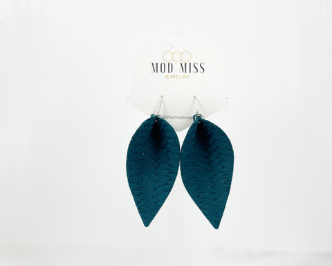 Leather Petal Earring "Weaved Dark Teal"