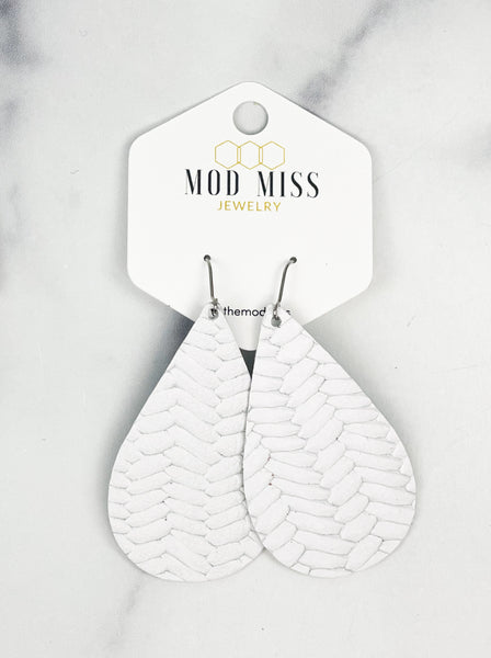 Leather Teardrop Earring "Weaved White"